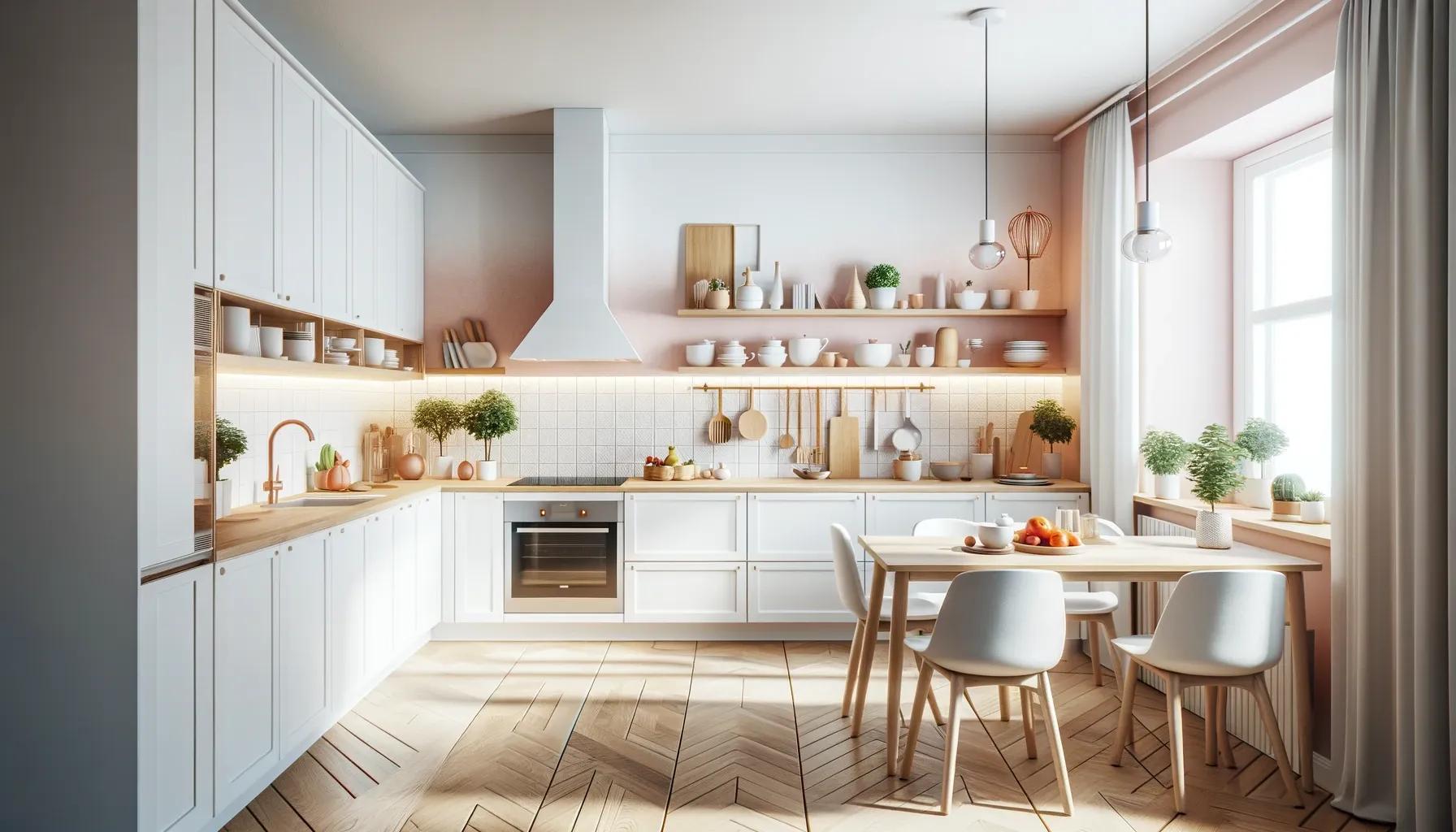 Eine moderne Küche mit einem klaren, weißen Design. Die Schränke, Arbeitsplatten und Geräte sind alle weiß und verleihen der Küche einen eleganten und minimalistischen Look.