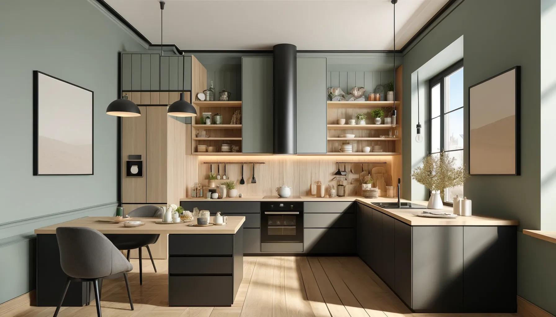 Eine moderne europäische Küche mit mattschwarzen Schränken und hellen Holzakzenten, pastellgrünen Wänden und großen Fenstern, die eine frische, beruhigende Atmosphäre schaffen.